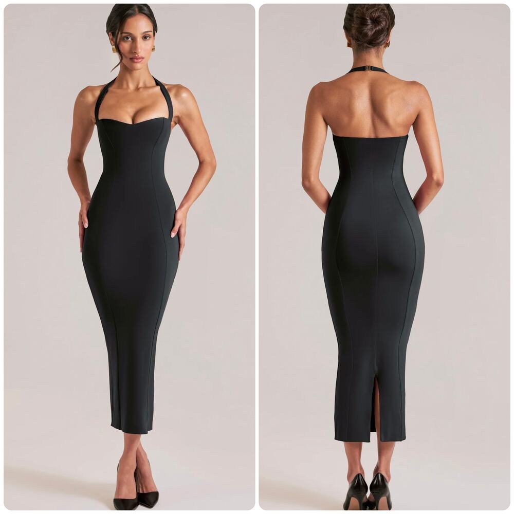 Oh Polly Landen Halterneck Midaxi Dress in Black Size L Sleeveless